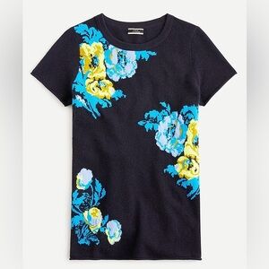 J. Crew Cashmere Black Short Sleeve Sweater Intarsia Floral Design Size Medium